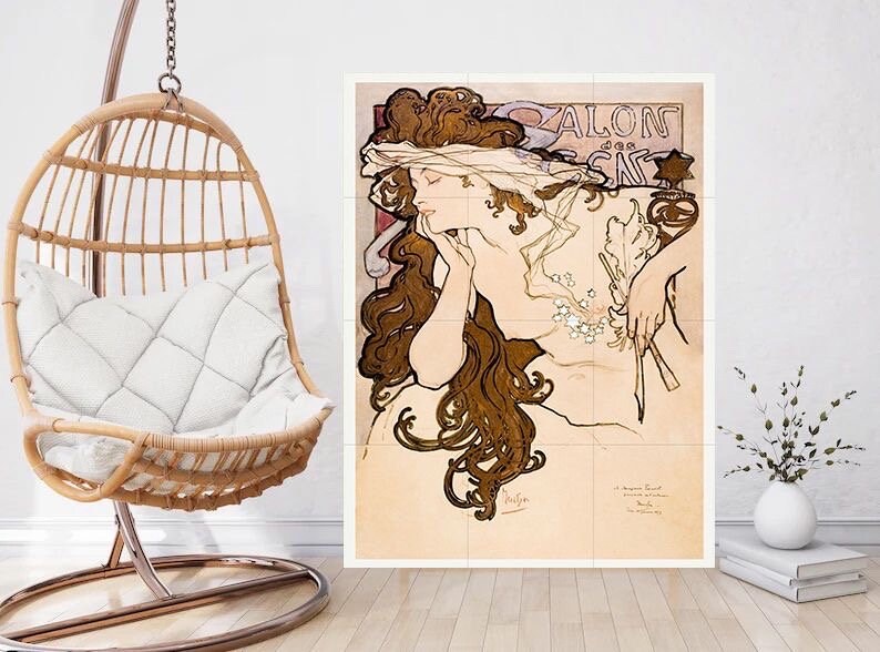 Tile Mural/Mosaic Ceramic Panel of Salon des Cent - Alphonse Mucha Prints - Vintage Art Nouveau Wall Art - Woman Art Nouveau Tile Mosaic