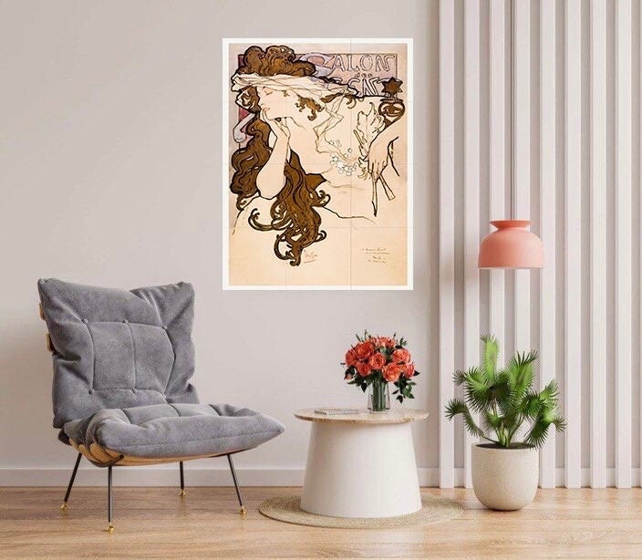 Tile Mural/Mosaic Ceramic Panel of Salon des Cent - Alphonse Mucha Prints - Vintage Art Nouveau Wall Art - Woman Art Nouveau Tile Mosaic
