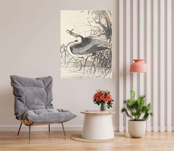 Tile Mural/Mosaic Ceramic Panel of Heron - Imao Keinen - Japanese Art Bird Mural- Heron Bird Print - Bird Mosaic - Vintage Japanese Mural