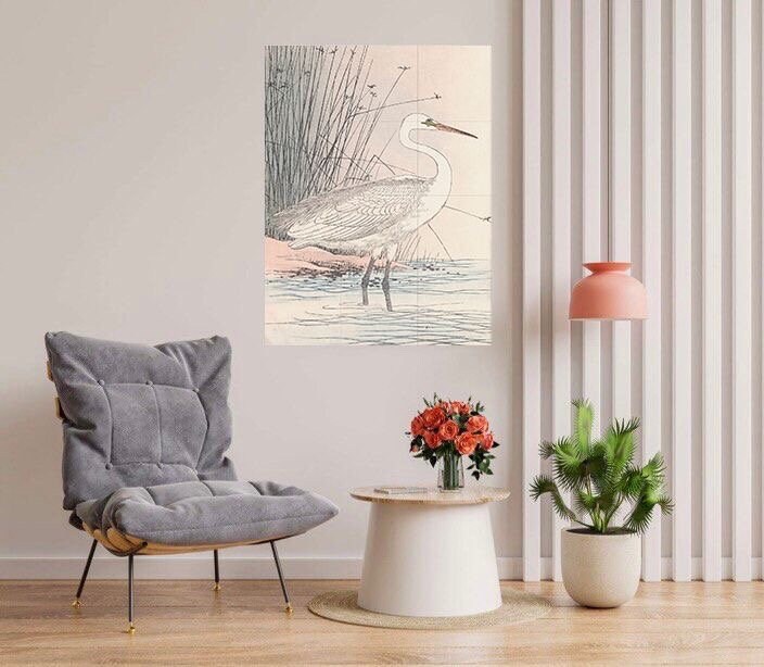 Tile Mural/Mosaic Ceramic Panel of Heron - Imao Keinen - Japanese Art Bird Mural- Heron Bird Print - Bird Mosaic - Vintage Japanese Mural