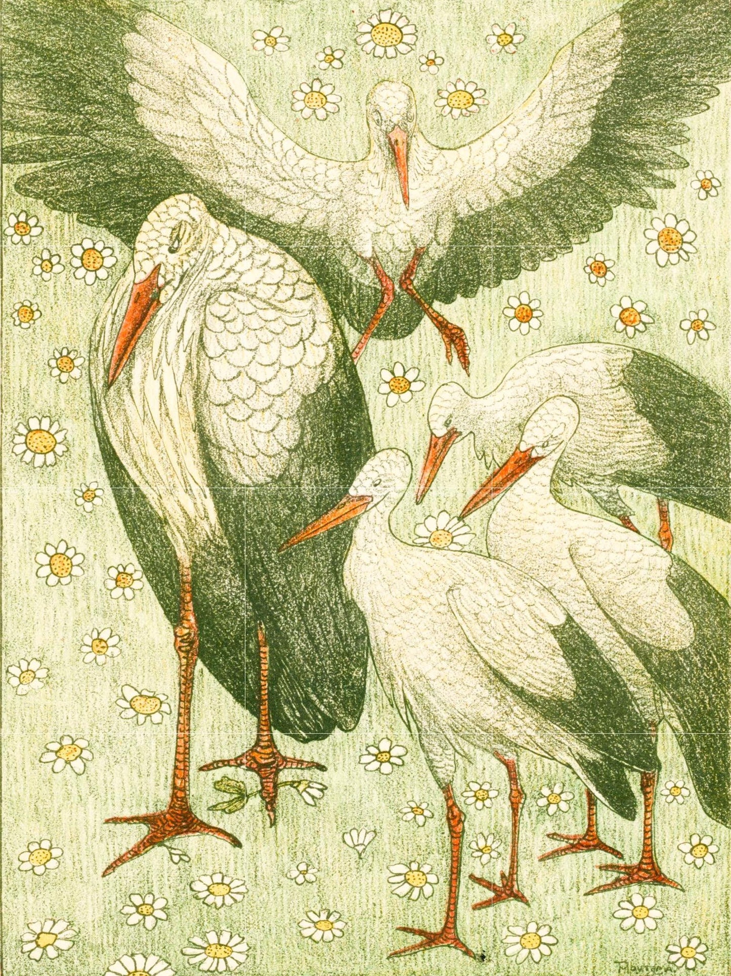 Tile Mural/Mosaic Ceramic Panel of Five Storks - Theo Van Hoytema - Bird Print - Stork Bird Print - Birds Print - Bird Art - Vintage Birds