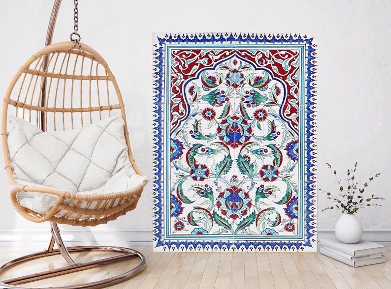 Tile Mural/Mosaic Ceramic Panel of a Arabic Floral Pattern - Botanical Print - Arabic Home Decor - Flower Tile Mural - Tile Mosaic