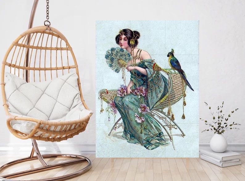 Tile Mural/Mosaic Ceramic Panel of Lady with Parrot - Alphonse Mucha Prints - Vintage Art Nouveau Wall Art - Woman Art Nouveau Tile Mosaic