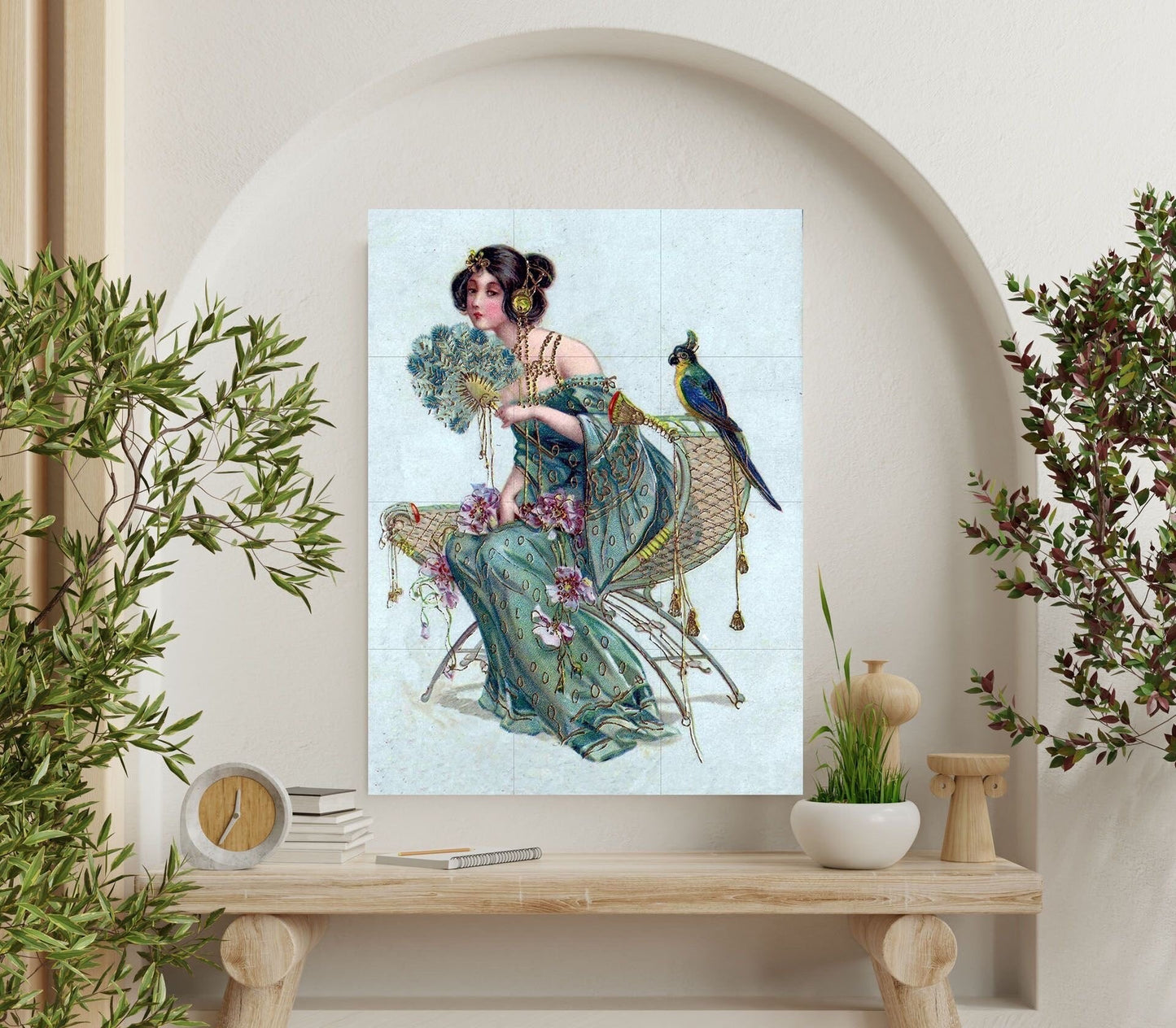 Tile Mural/Mosaic Ceramic Panel of Lady with Parrot - Alphonse Mucha Prints - Vintage Art Nouveau Wall Art - Woman Art Nouveau Tile Mosaic