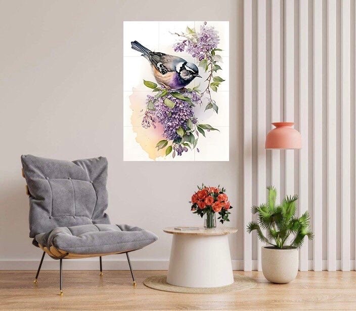 Tile Mural/Mosaic Ceramic Panel of Blue Tit Bird and Watercolour Flower - Bird And Flower Wall Art - Bird Mural- Tit Bird Print - Tit Birds