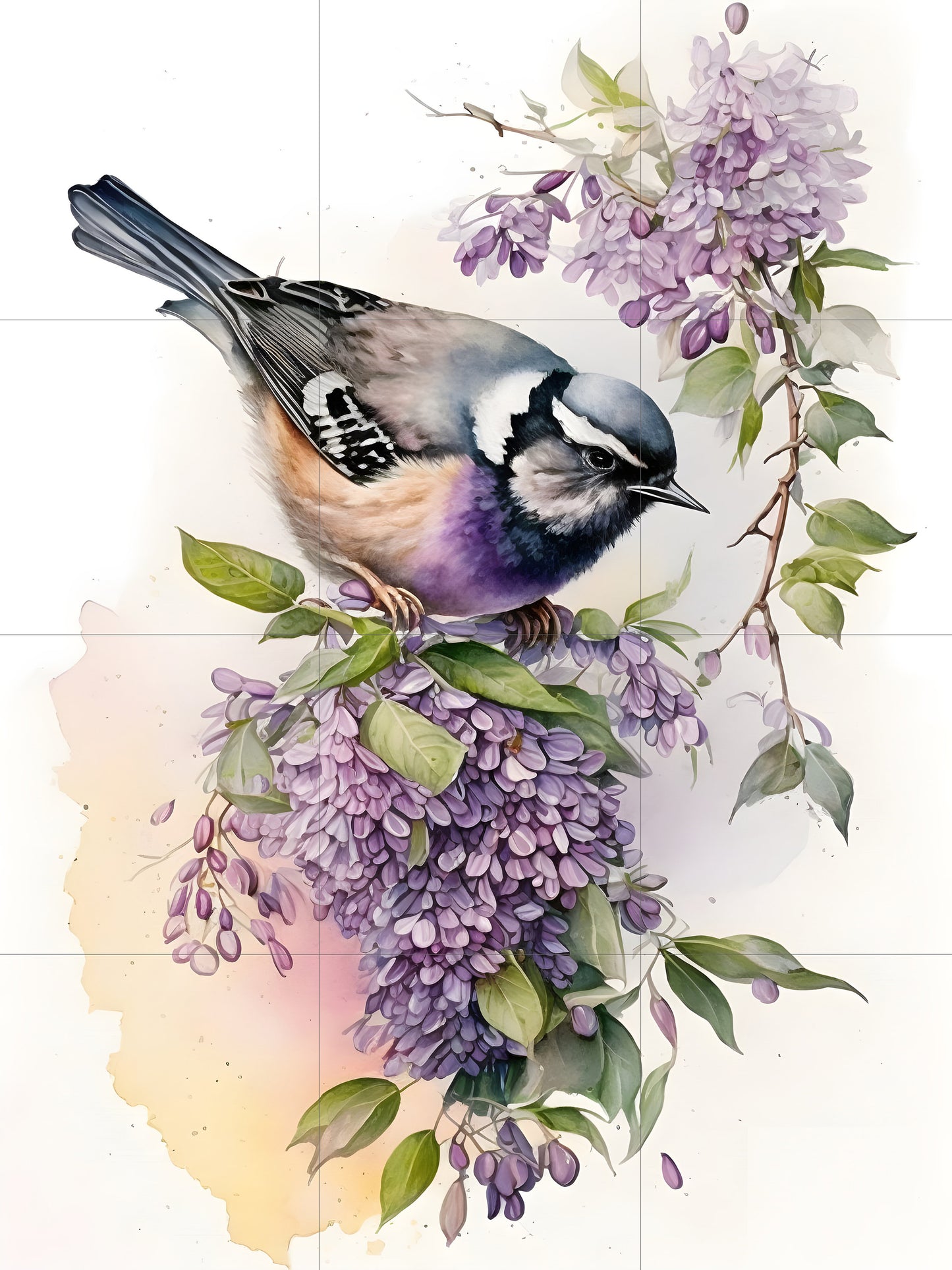 Tile Mural/Mosaic Ceramic Panel of Blue Tit Bird and Watercolour Flower - Bird And Flower Wall Art - Bird Mural- Tit Bird Print - Tit Birds