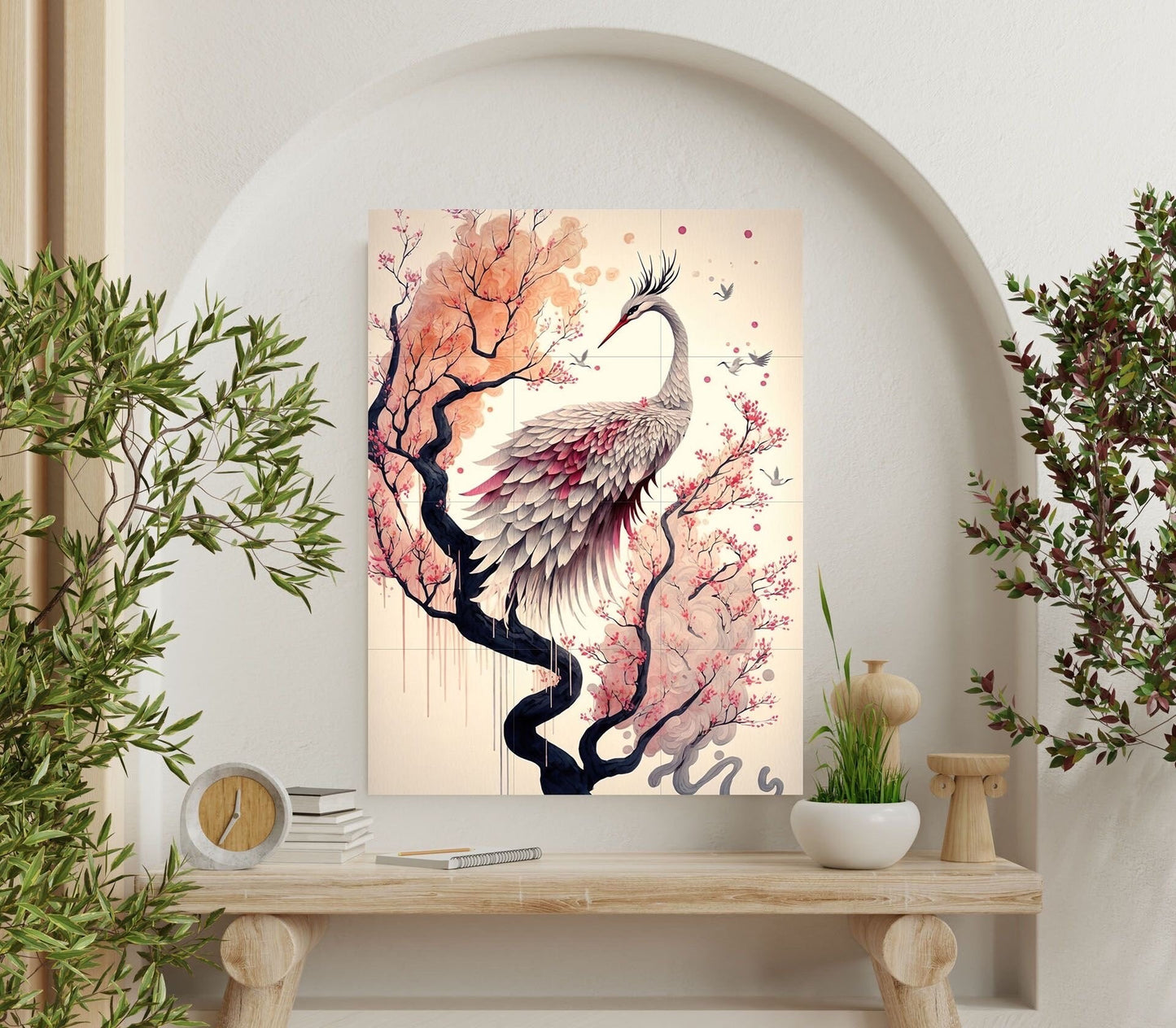 Tile Mural/Mosaic Ceramic Panel of Heron - Japanese Art- Bird And Flower Wall Art - Japanese Art - Bird Mural- Heron Print - Bird Mosaic