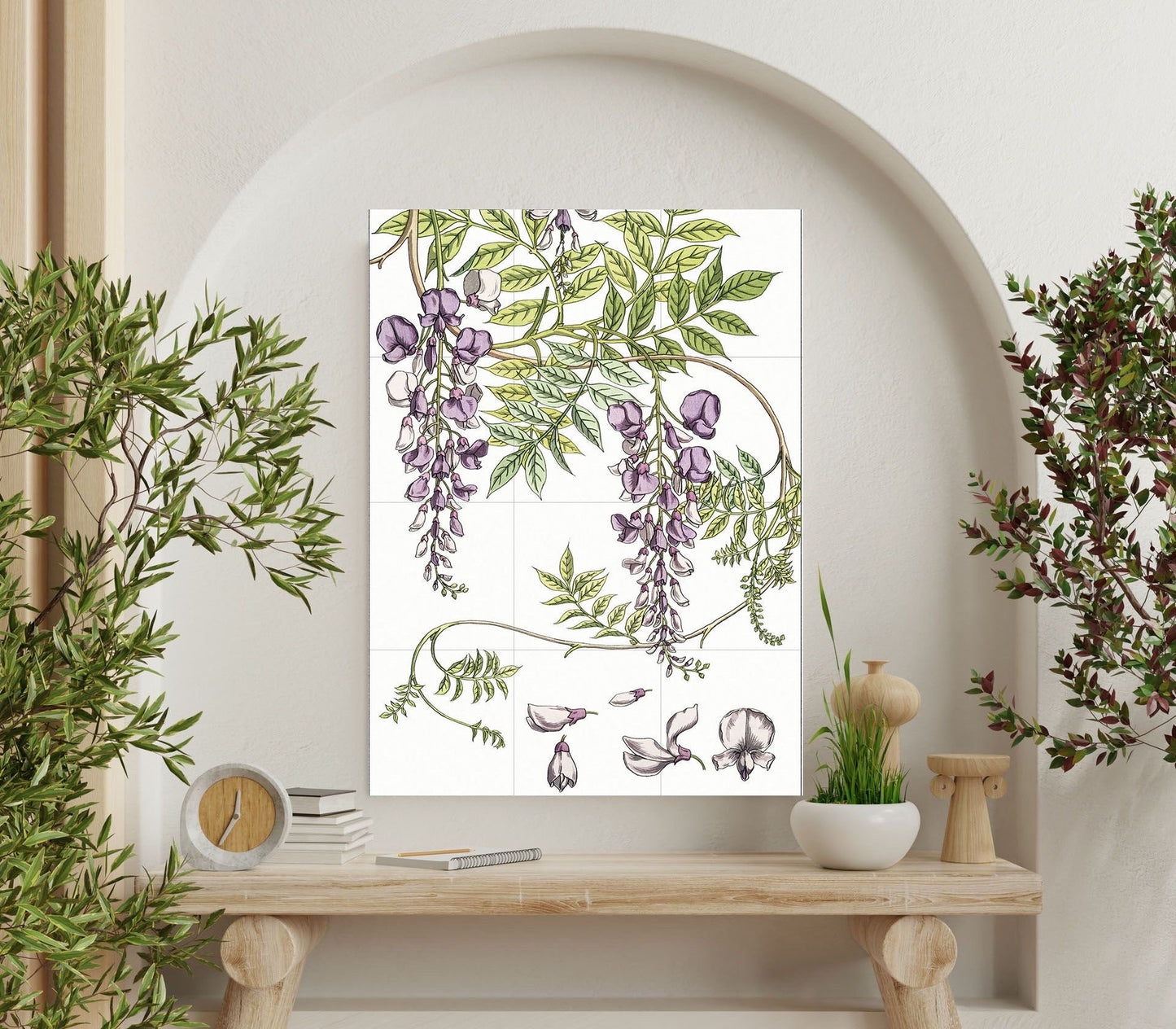 Tile Mural/Mosaic Ceramic Panel of Wisteria - Flower Wall Art -Vintage Botanical Print -Wisteria Print Home Decor- Flower Mural - Floral Art