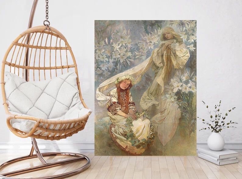 Tile Mural/Mosaic Ceramic Panel of Lady Madonna - Alphonse Mucha Prints - Vintage Art Nouveau Wall Art - Woman Art Nouveau Tile Mosaic