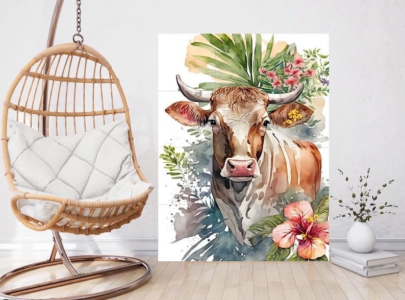Tile Mural/Mosaic Ceramic Panel of Watercolour Flowers and Cow-Countryside Mural - Cow Wall Art - Tile Mural - Gloss Tiles-Cow Tile Mosaic