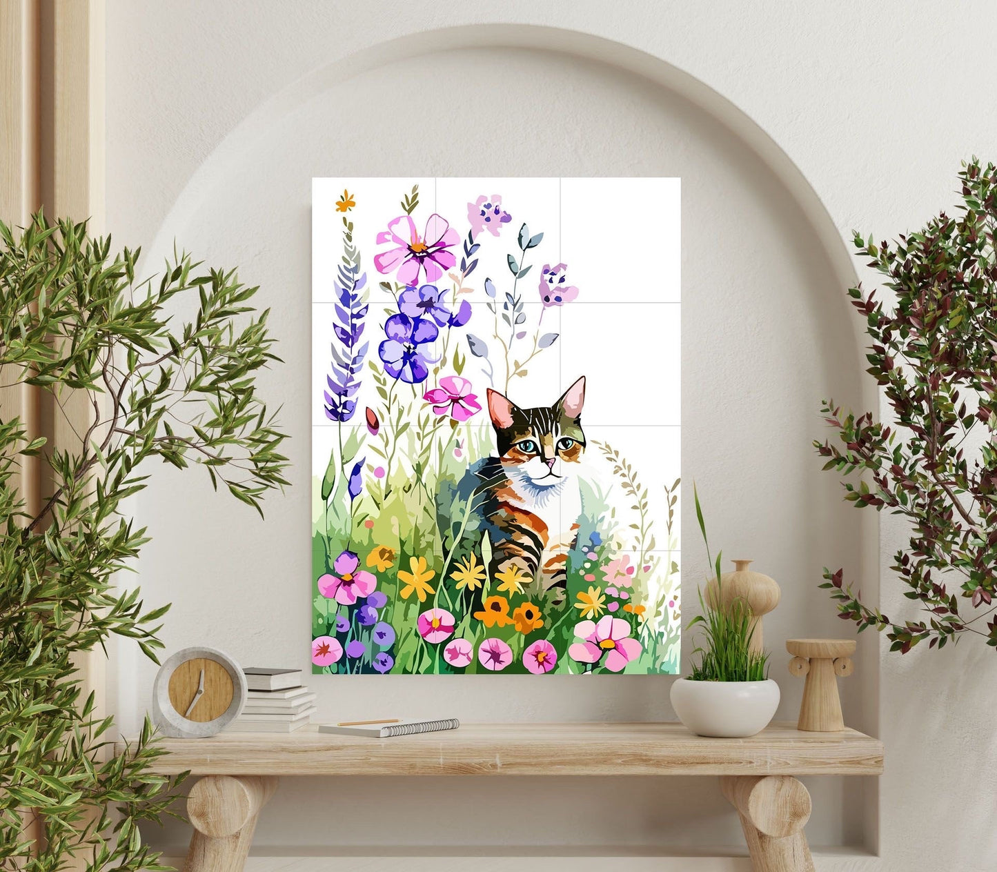Tile Mural/Mosaic Ceramic Panel of Watercolour Flowers and Cat Mural - Cats Wall Art -Tile Mural -Gloss Tiles- Kitty Tile Mosaic-Cat Print