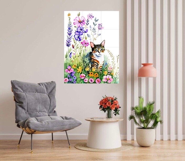 Tile Mural/Mosaic Ceramic Panel of Watercolour Flowers and Cat Mural - Cats Wall Art -Tile Mural -Gloss Tiles- Kitty Tile Mosaic-Cat Print