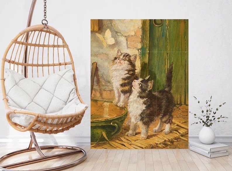 Tile Mural/Mosaic Ceramic Panel of Curiosity and Butterfly - Julius Adam the Elder - Cat Mural - Kitty Print - Cat Wall Art - Cats Wall Art
