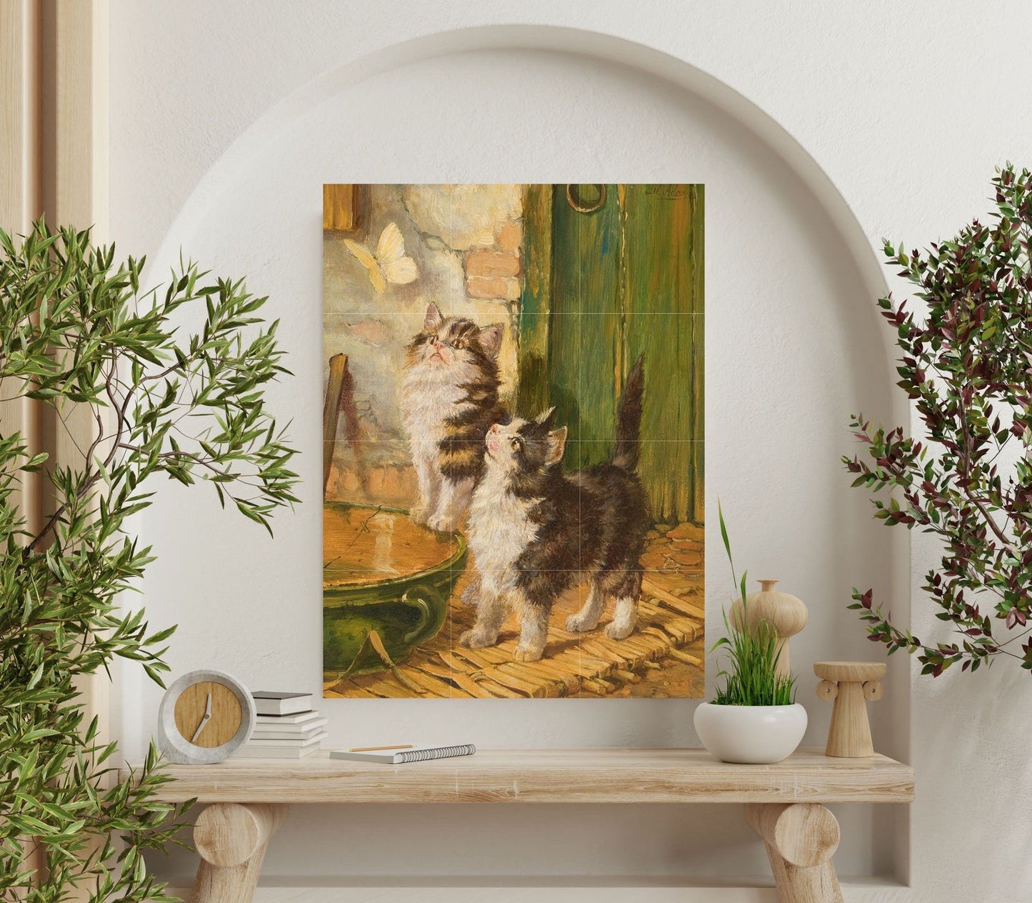 Tile Mural/Mosaic Ceramic Panel of Curiosity and Butterfly - Julius Adam the Elder - Cat Mural - Kitty Print - Cat Wall Art - Cats Wall Art