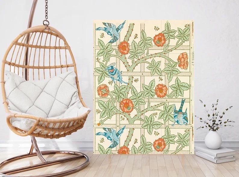 Tile Mural/Mosaic Ceramic Panel of Trellis - William Morris Pattern - Birds Wall Art - Tile Mural Mosaic - Bird Mural - Bird and Flower Art