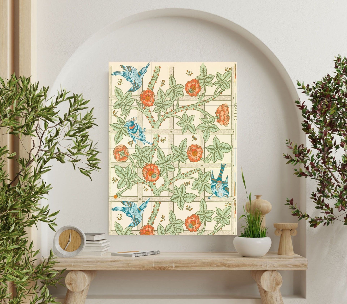 Tile Mural/Mosaic Ceramic Panel of Trellis - William Morris Pattern - Birds Wall Art - Tile Mural Mosaic - Bird Mural - Bird and Flower Art