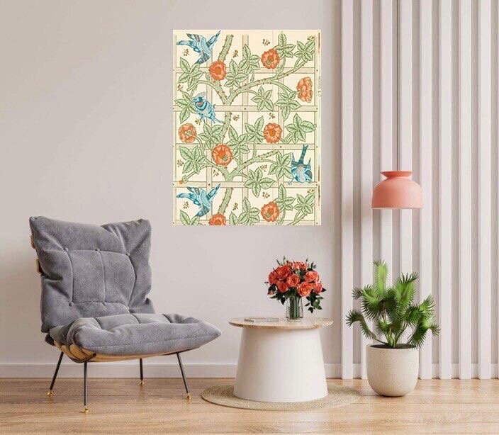 Tile Mural/Mosaic Ceramic Panel of Trellis - William Morris Pattern - Birds Wall Art - Tile Mural Mosaic - Bird Mural - Bird and Flower Art