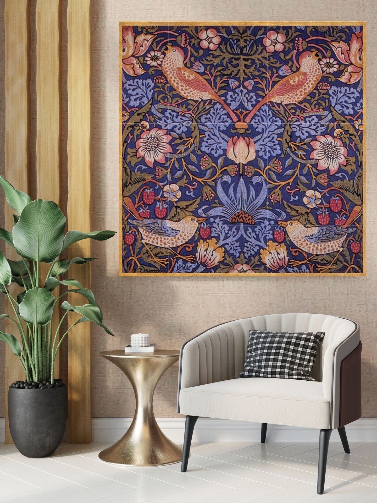 Tile Mural/Mosaic Ceramic Panel of Strawberry Thief - William Morris Pattern - Bird Mural - Botanical Print - Tile Mural Mosaic