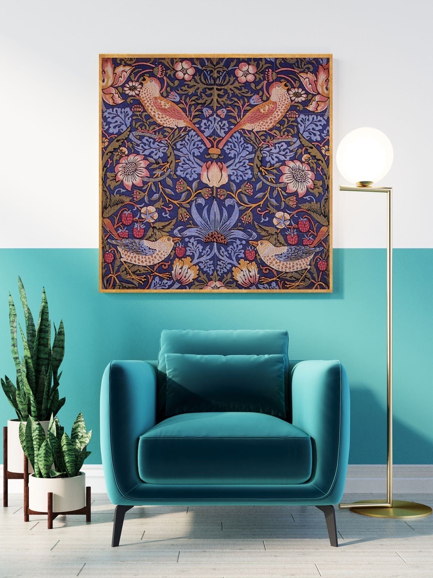 Tile Mural/Mosaic Ceramic Panel of Strawberry Thief - William Morris Pattern - Bird Mural - Botanical Print - Tile Mural Mosaic