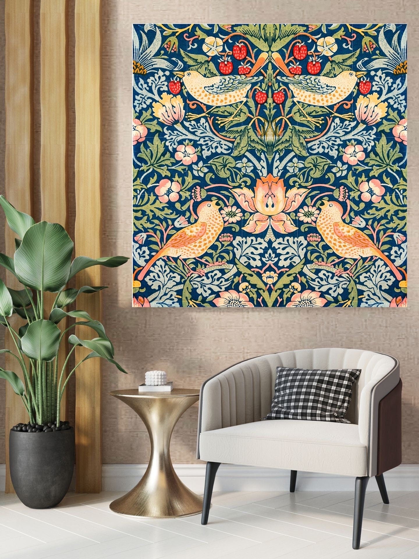 Tile Mural/Mosaic Ceramic Panel of Strawberry Thief - William Morris Pattern - Bird Mural - Botanical Print - Tile Mural Mosaic