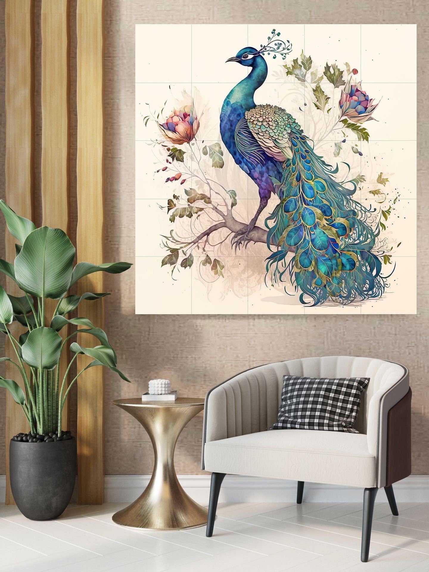 Tile Mural/Mosaic Ceramic Panel of Peacock - Bird Wall Art Home Decor - Peacock Mural - Gloss Tiles - Peacock Tile Mosaic - Bird Print