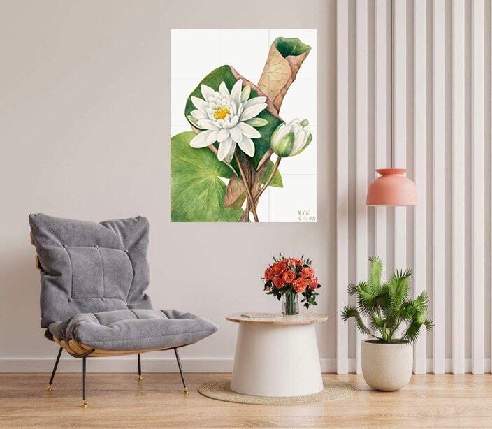 Tile Mural/Mosaic Ceramic Panel of American Waterlily - Mary Vaux Walcott -Flower Wall Art -Vintage Botanical Print -Floral Art - Lily Print