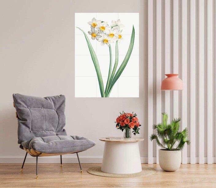 Tile Mural/Mosaic Ceramic Panel of Narcissus Flower - Pierre-Joseph Redoute - Flower Wall Art - Vintage Botanical Print - Floral Wall Art