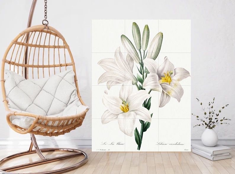 Tile Mural/Mosaic Ceramic Panel of Madonna Lily - Pierre-Joseph Redoute - Flower Wall Art - Vintage Botanical Print - Lily Print Home Decor