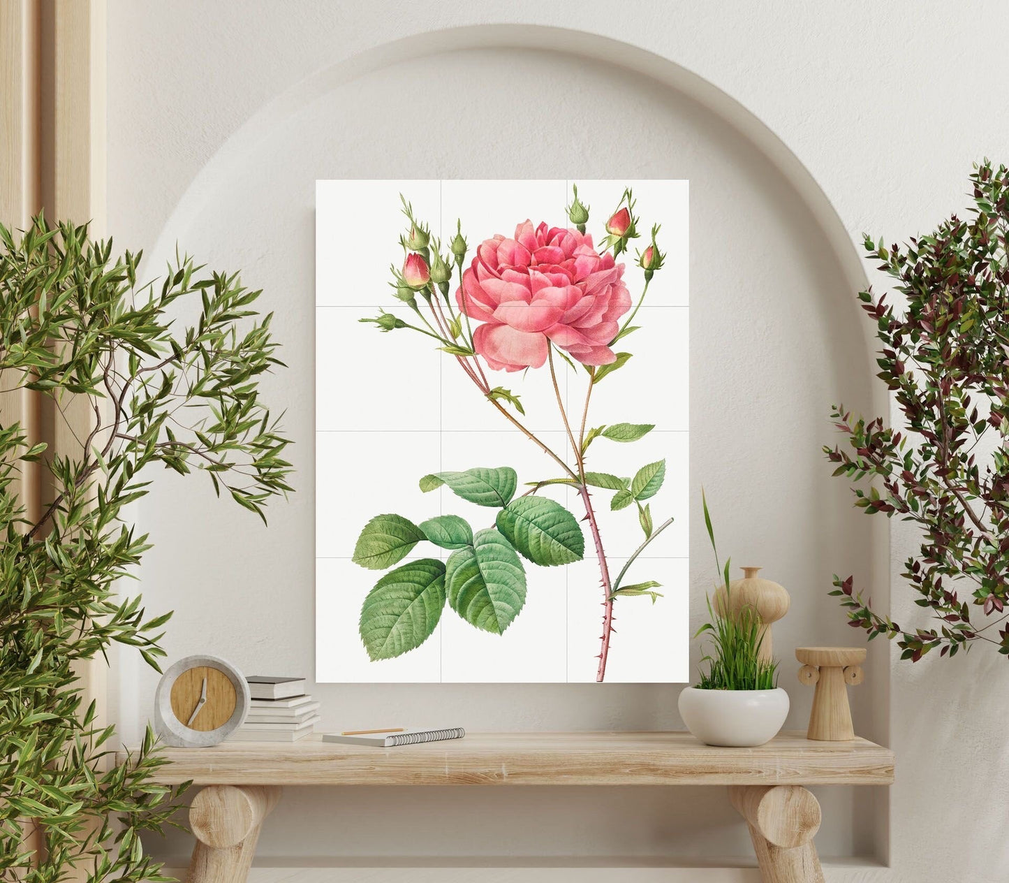 Tile Mural/Mosaic Ceramic Panel of Rose - Pierre-Joseph Redoute - Flower Wall Art - Vintage Botanical Print - Roses Print Home Decor