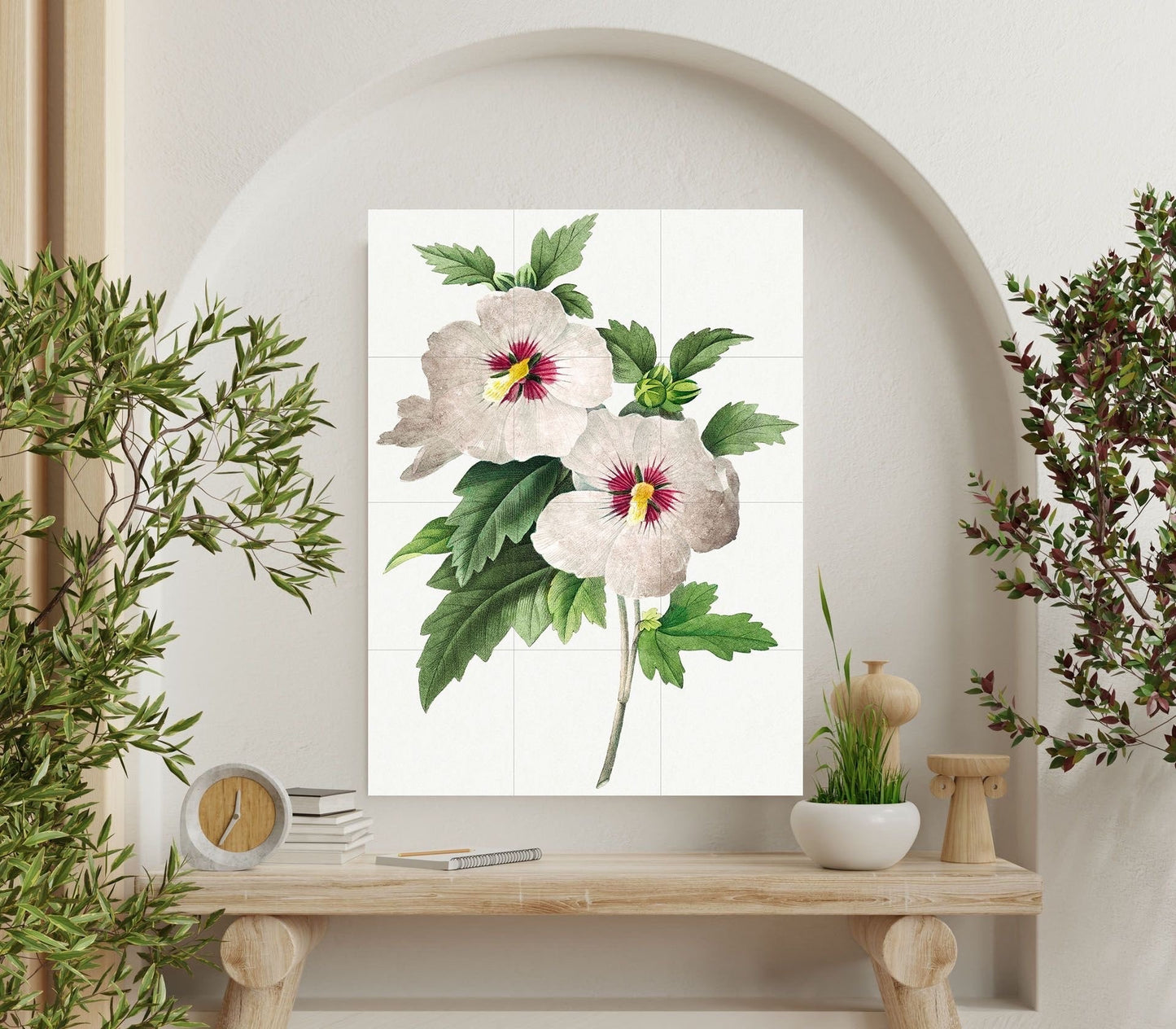 Tile Mural/Mosaic Ceramic Panel Hibiscus Flower - Pierre-Joseph Redoute - Flower Wall Art - Vintage Botanical Print - Floral Wall Art