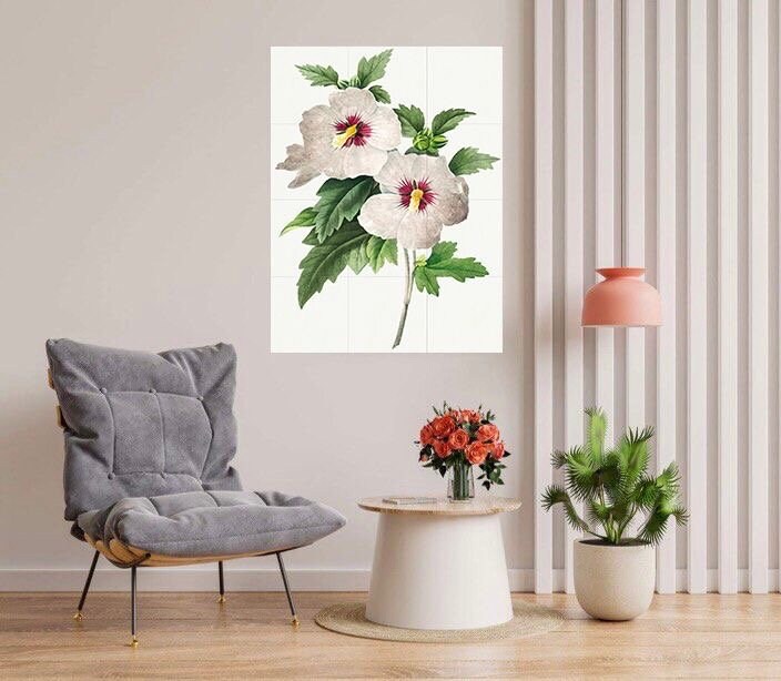 Tile Mural/Mosaic Ceramic Panel Hibiscus Flower - Pierre-Joseph Redoute - Flower Wall Art - Vintage Botanical Print - Floral Wall Art