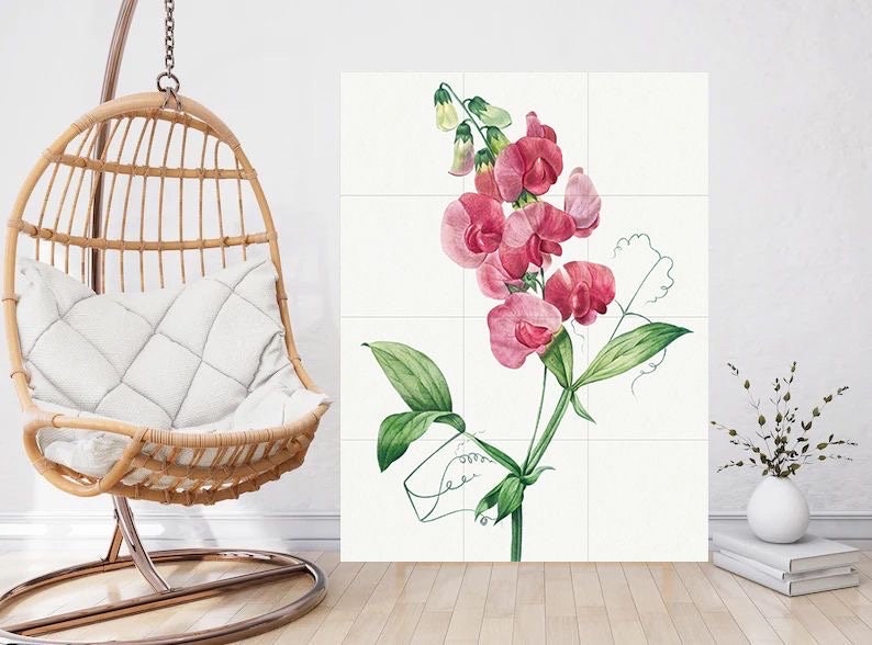 Tile Mural/Mosaic Ceramic Everlasting Pea Orchid Flower - Pierre-Joseph Redoute - Flower Wall Art - Vintage Botanical Print -Floral Wall Art