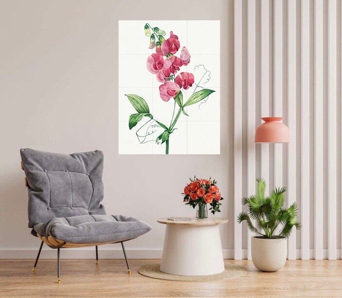 Tile Mural/Mosaic Ceramic Everlasting Pea Orchid Flower - Pierre-Joseph Redoute - Flower Wall Art - Vintage Botanical Print -Floral Wall Art