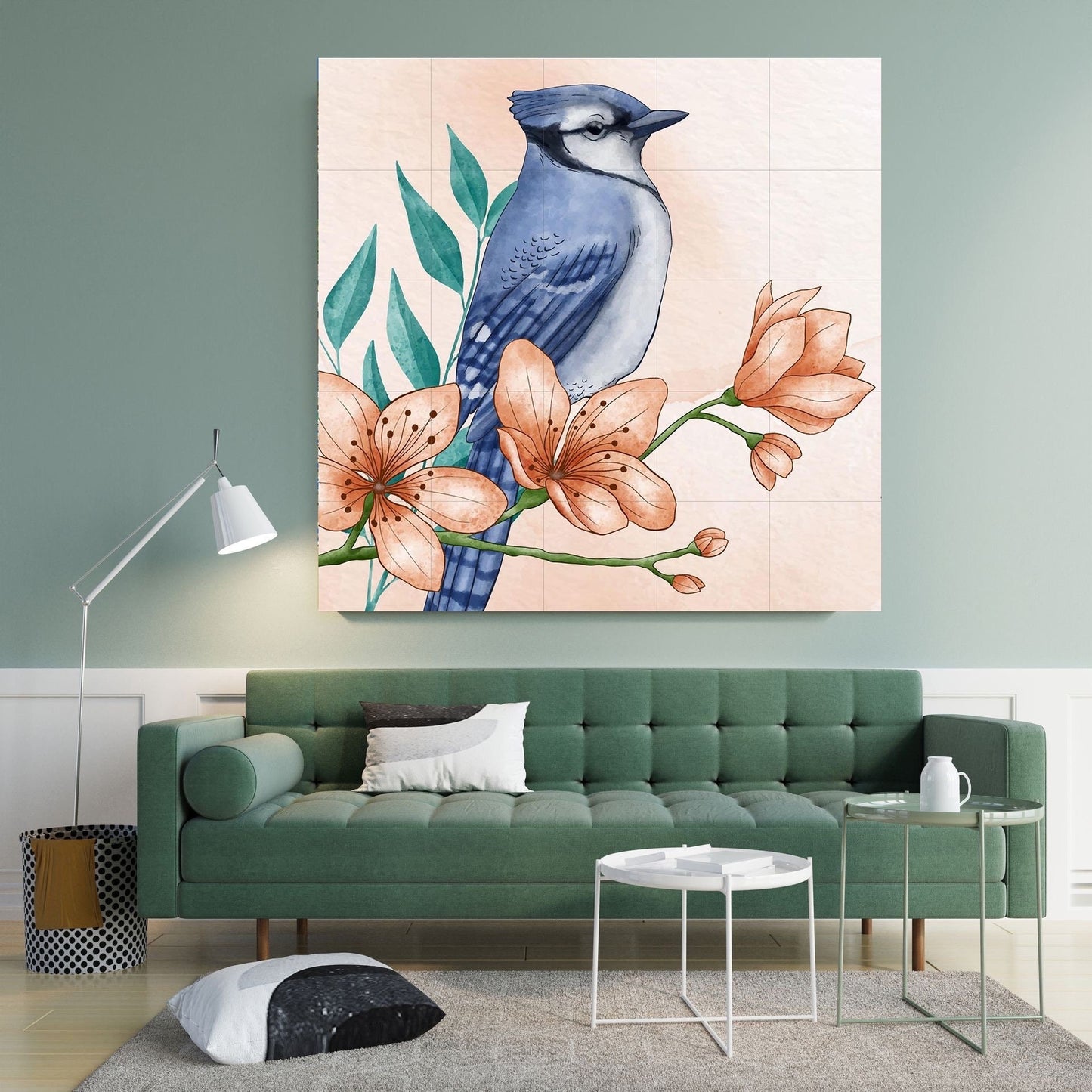 Tile Mural/Mosaic Ceramic Panel of Blue Jay Bird - Bird and Flower Wall Art - Bird Mural - Blue Jay Print - Bird Mosaic - Blue Jay Decor