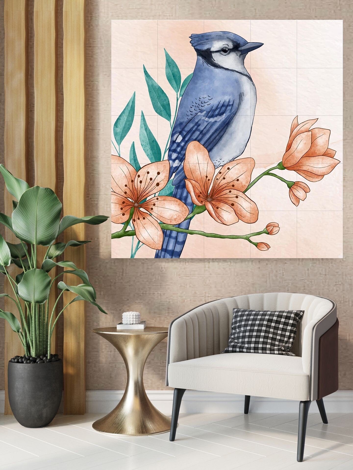 Tile Mural/Mosaic Ceramic Panel of Blue Jay Bird - Bird and Flower Wall Art - Bird Mural - Blue Jay Print - Bird Mosaic - Blue Jay Decor
