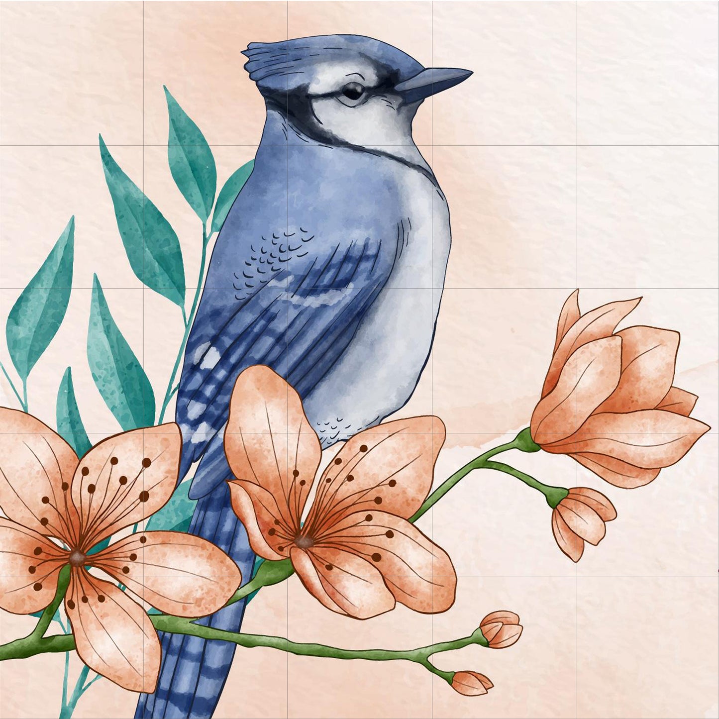 Tile Mural/Mosaic Ceramic Panel of Blue Jay Bird - Bird and Flower Wall Art - Bird Mural - Blue Jay Print - Bird Mosaic - Blue Jay Decor