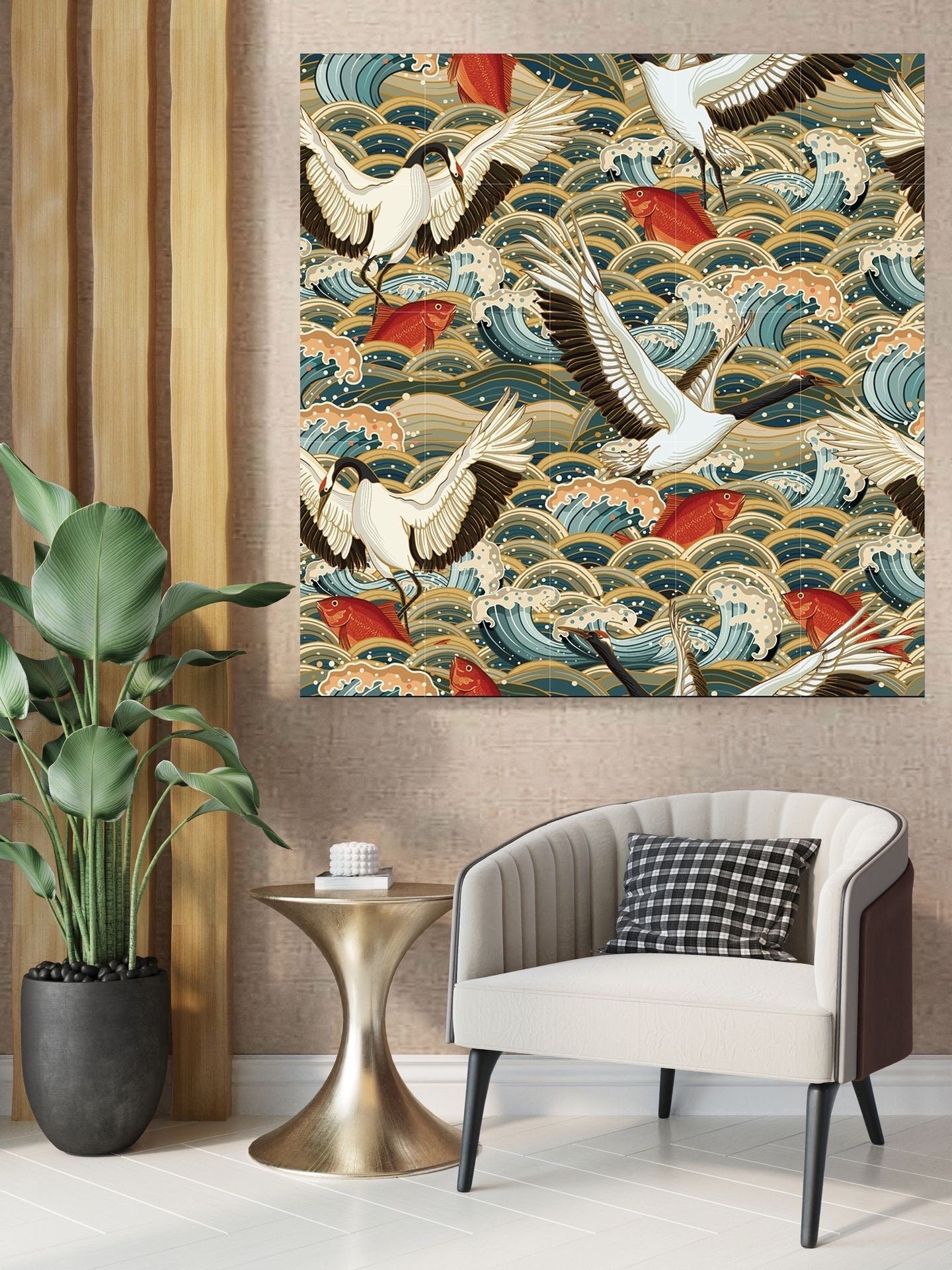 Tile Mural/Mosaic Ceramic Panel of Flying Heron - Heron Bird Print- Bird Mural - Japanese Mural -Japanese Art - Bird Mosaic - Heron Wall Art