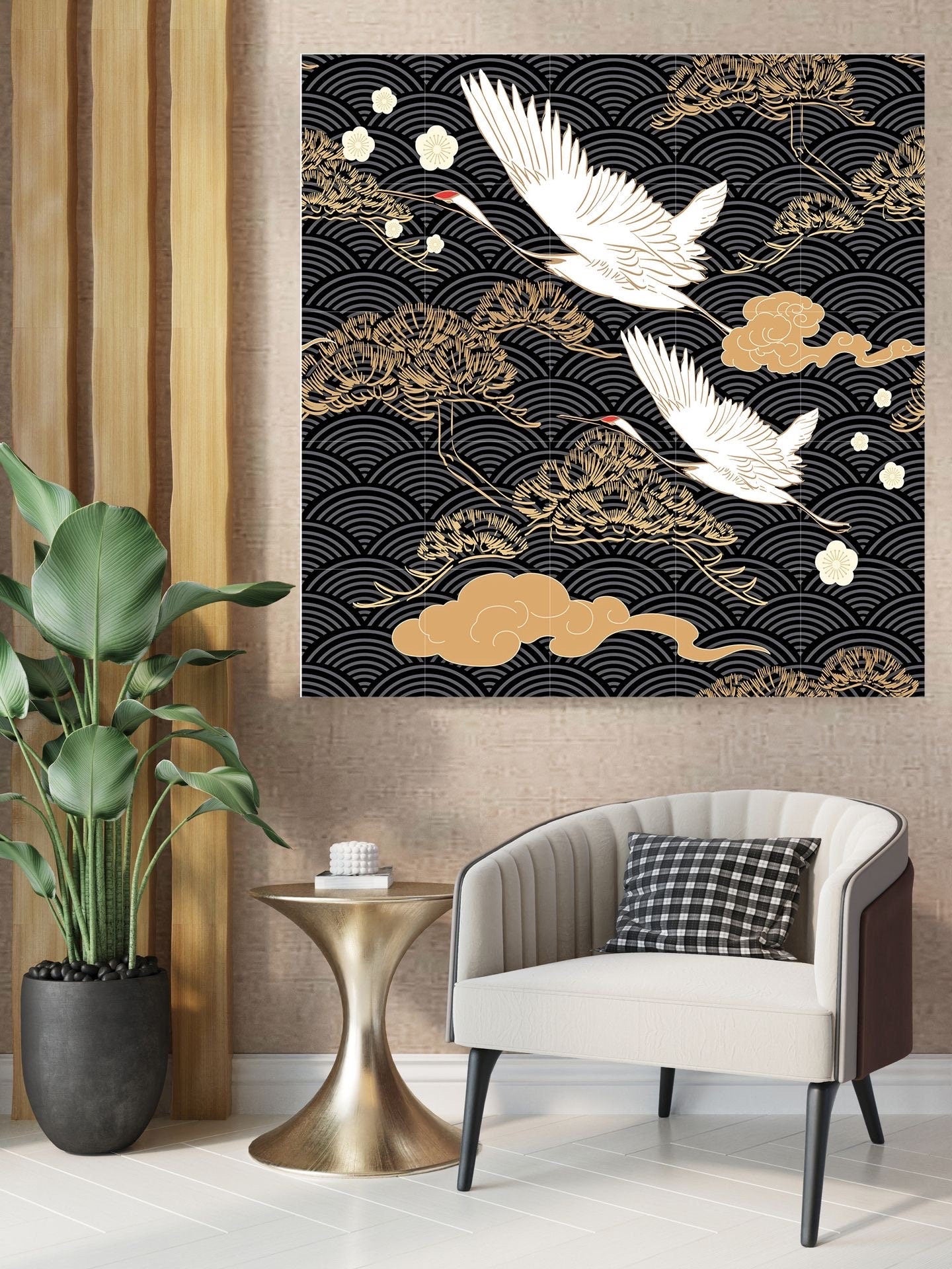 Tile Mural/Mosaic Ceramic Panel of Flying Heron - Heron Bird Print- Bird Mural - Japanese Mural -Japanese Art - Bird Mosaic - Heron Wall Art