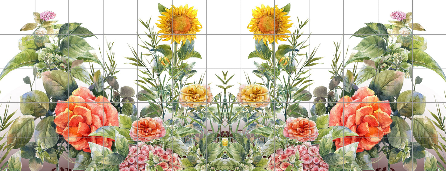 Tile Mural/Mosaic Ceramic of Flowers Watercolour Painting - Sunflower Mural - Flower Wall Art - Floral Tile Mural -Gloss Tiles - Tile Mosaic