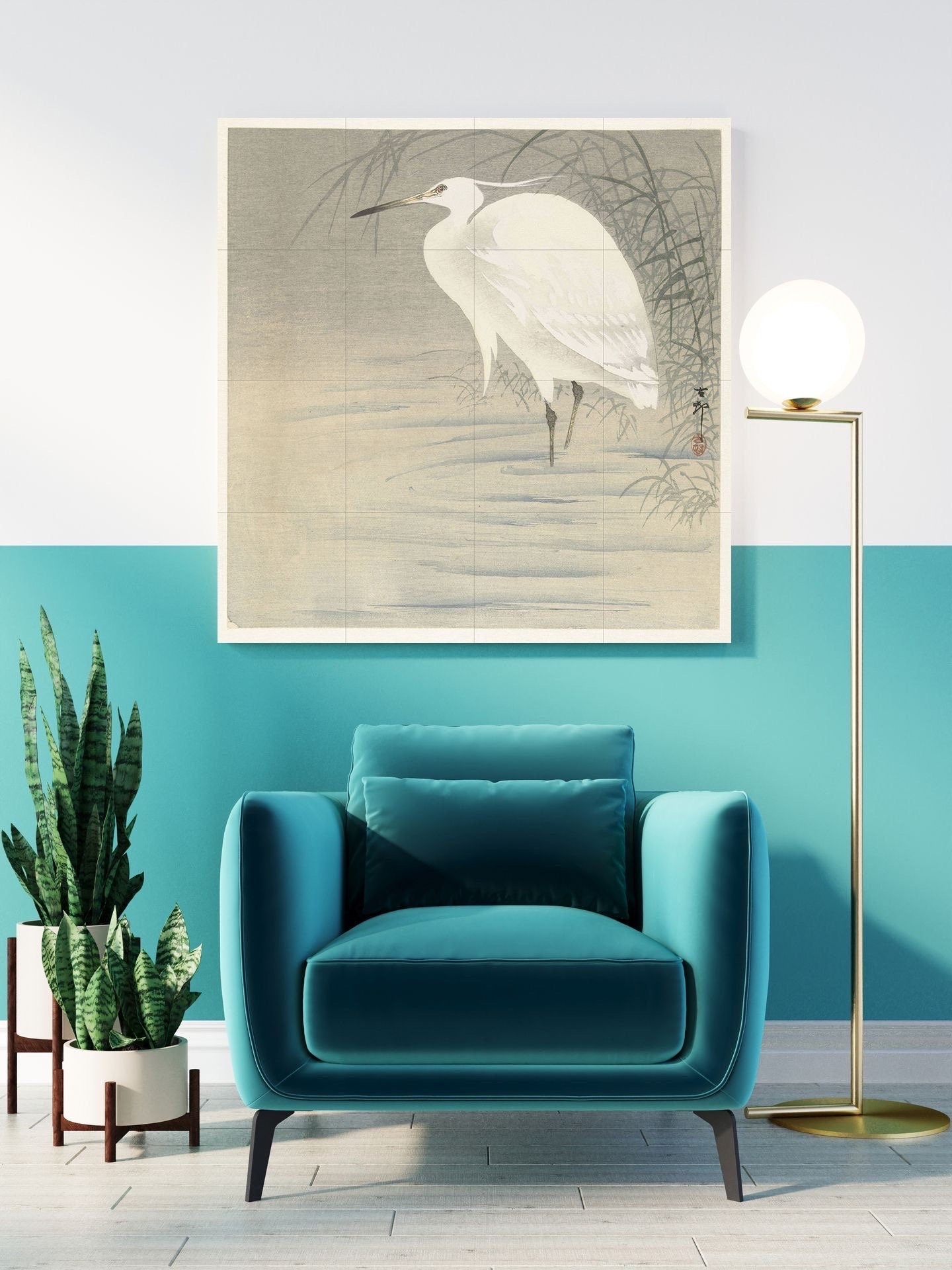 Tile Mural/Mosaic Ceramic Panel of Little Egret - Ohara Koson Prints - Gloss Tiles - Bird Mosaic Art - Heron Bird Painting - Japanese Mural