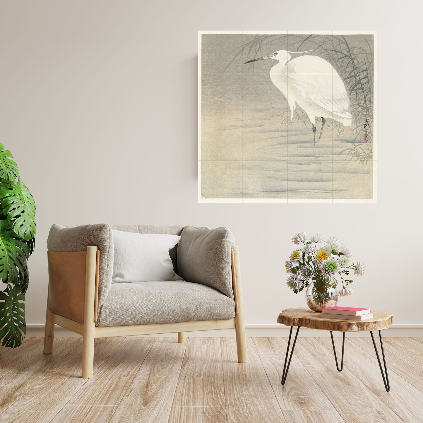 Tile Mural/Mosaic Ceramic Panel of Little Egret - Ohara Koson Prints - Gloss Tiles - Bird Mosaic Art - Heron Bird Painting - Japanese Mural
