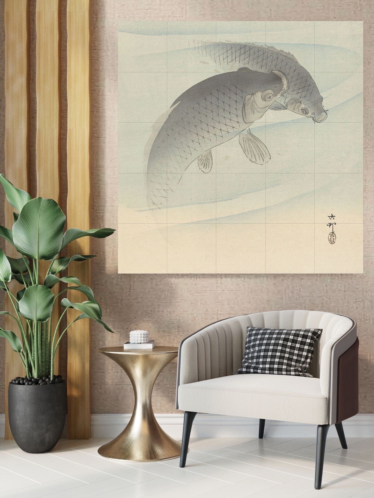 Tile Mural/Mosaic Ceramic Panel of Two Carps - Ohara Koson - Koson Art Prints - Tile Mural - Gloss Tiles -Fish Mural - Carp Wall Art Print