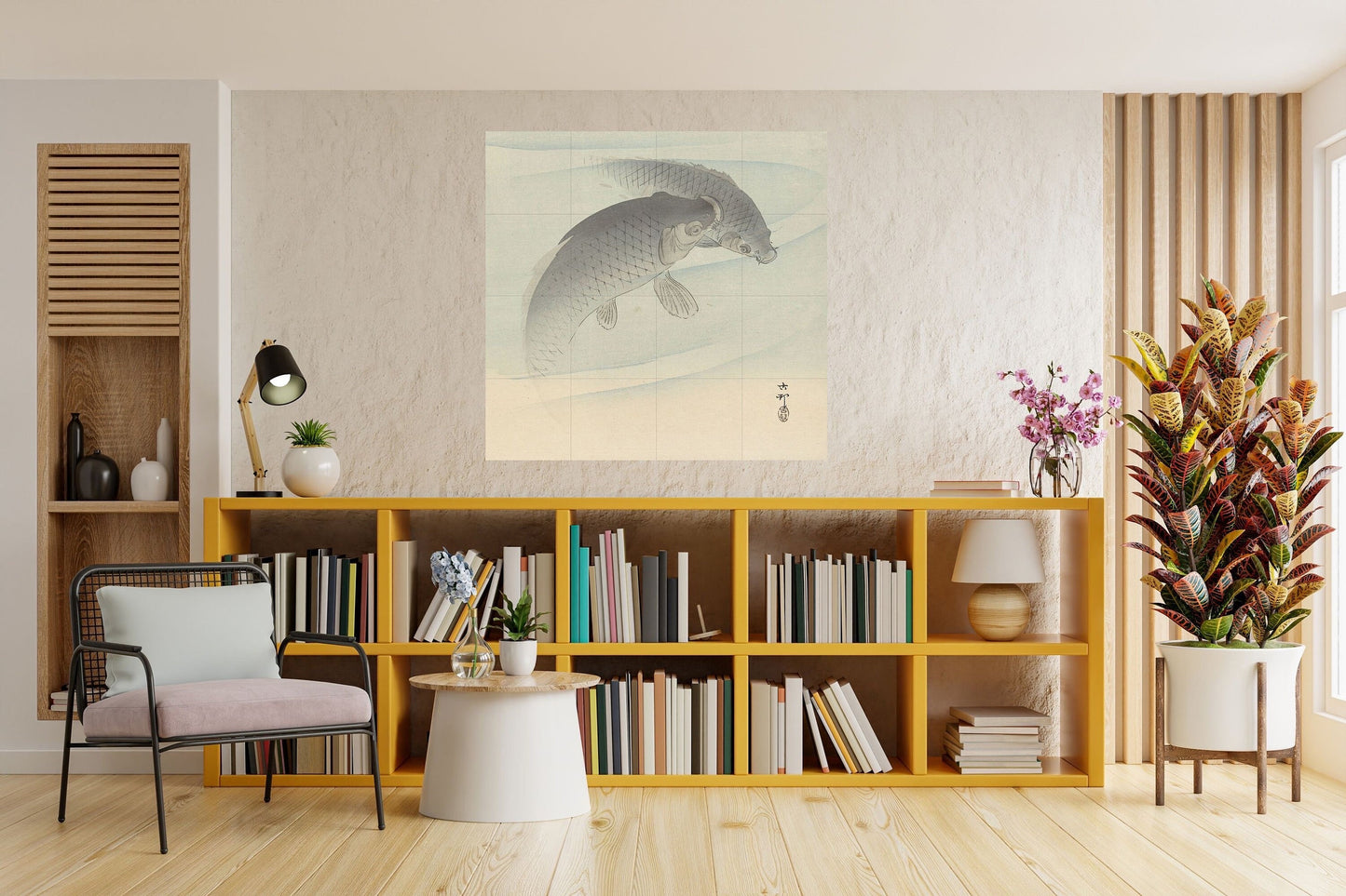 Tile Mural/Mosaic Ceramic Panel of Two Carps - Ohara Koson - Koson Art Prints - Tile Mural - Gloss Tiles -Fish Mural - Carp Wall Art Print