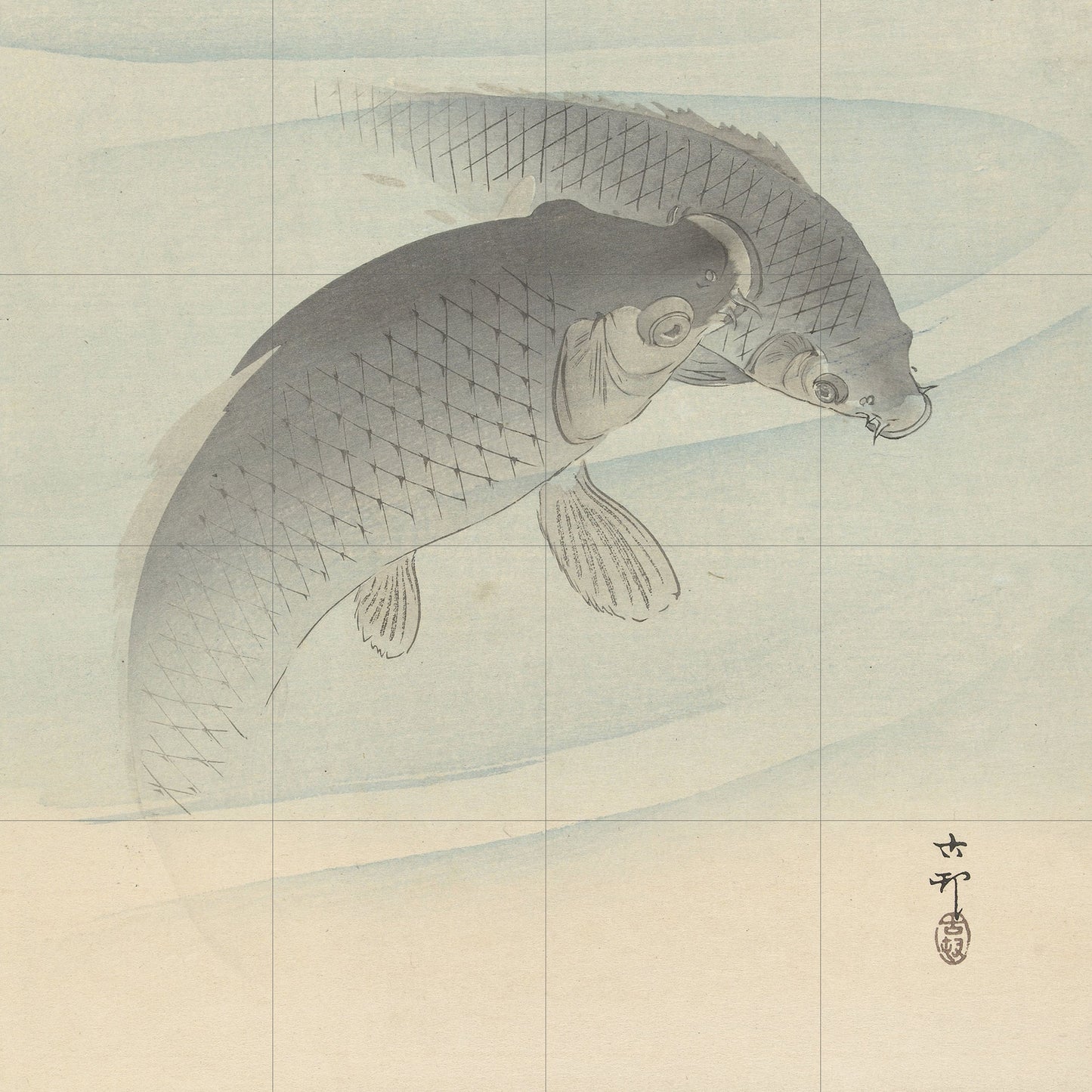 Tile Mural/Mosaic Ceramic Panel of Two Carps - Ohara Koson - Koson Art Prints - Tile Mural - Gloss Tiles -Fish Mural - Carp Wall Art Print