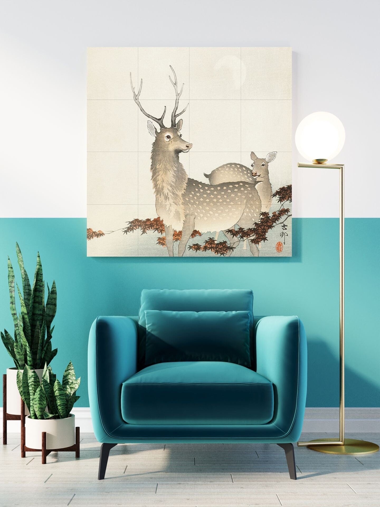 Tile Mural/Mosaic Ceramic Panel of Two Deer - Ohara Koson - Deer Art Print - Tile Mural Art - Gloss Tiles - Deer Mural - Japanese Mural