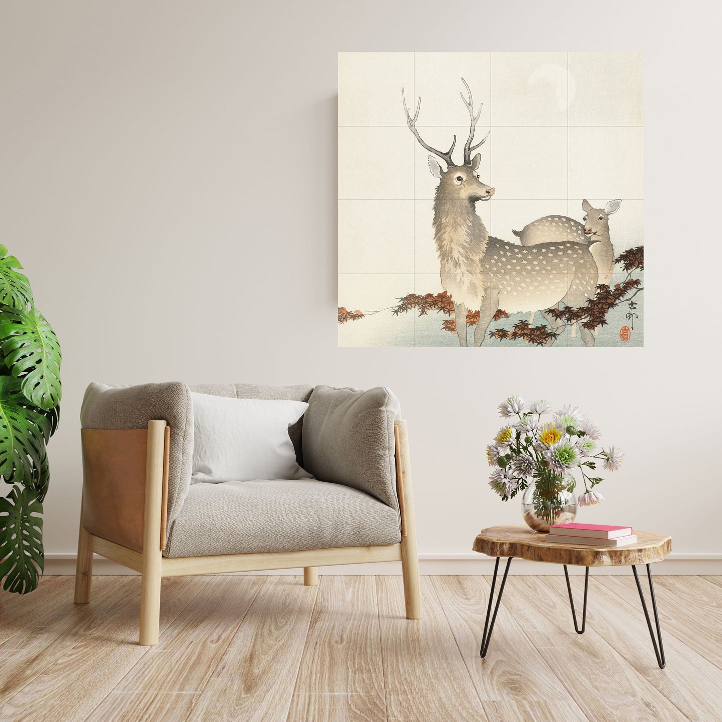 Tile Mural/Mosaic Ceramic Panel of Two Deer - Ohara Koson - Deer Art Print - Tile Mural Art - Gloss Tiles - Deer Mural - Japanese Mural