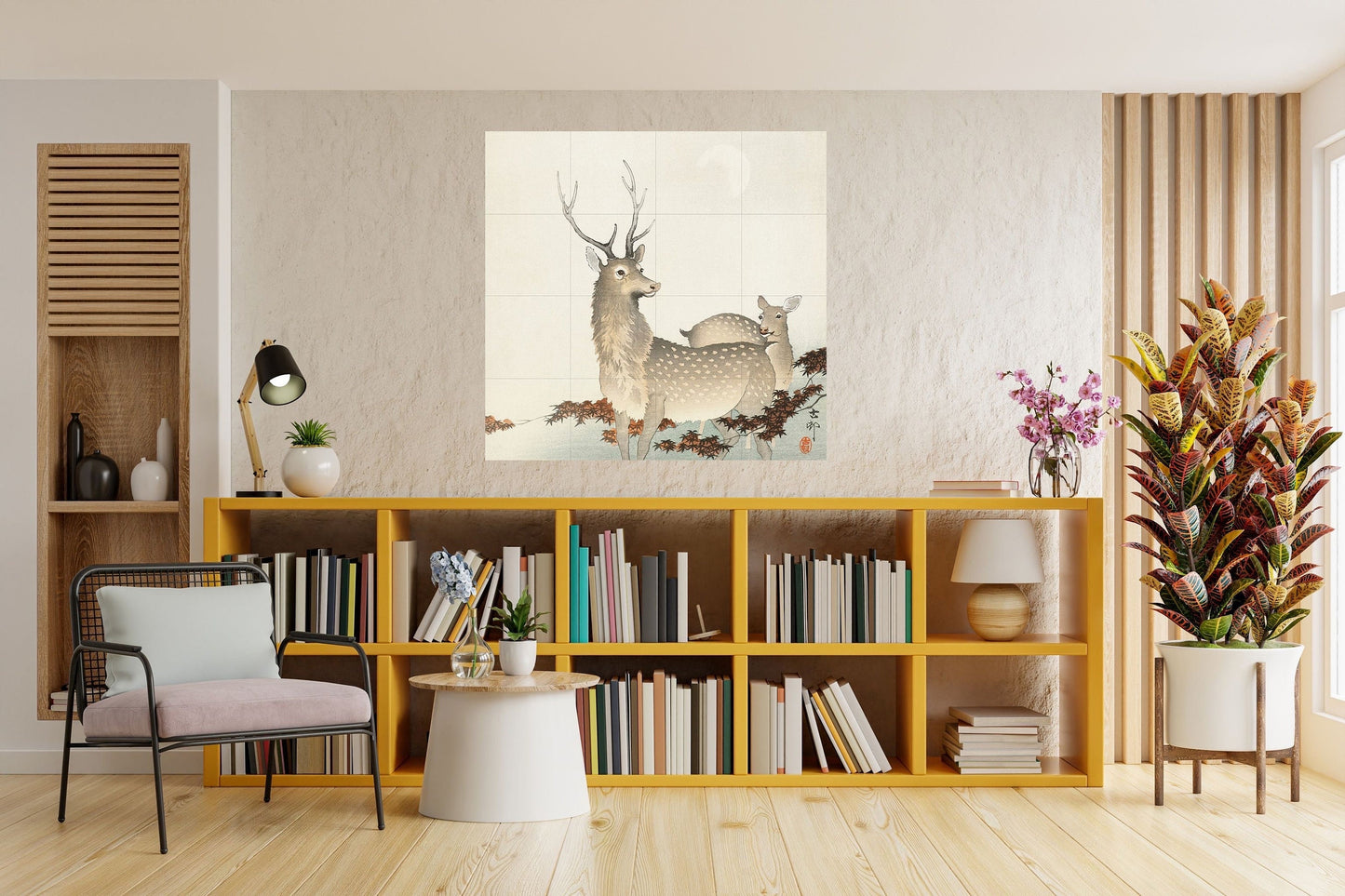Tile Mural/Mosaic Ceramic Panel of Two Deer - Ohara Koson - Deer Art Print - Tile Mural Art - Gloss Tiles - Deer Mural - Japanese Mural