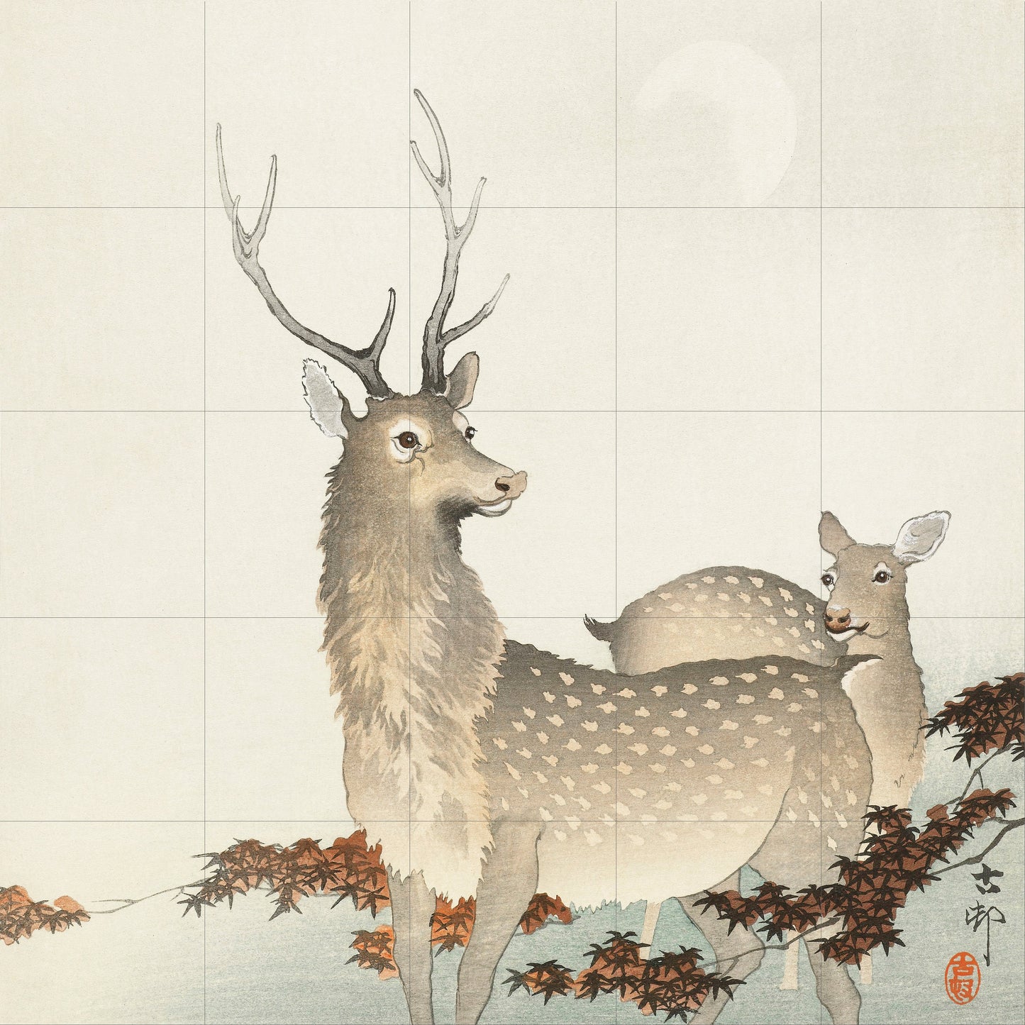 Tile Mural/Mosaic Ceramic Panel of Two Deer - Ohara Koson - Deer Art Print - Tile Mural Art - Gloss Tiles - Deer Mural - Japanese Mural