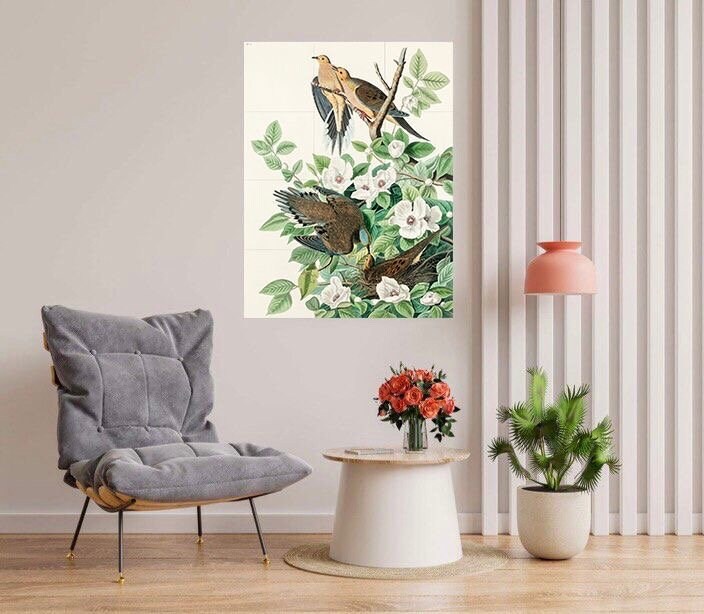 Tile Mural/Mosaic Ceramic Panel of Carolina Pigeon Birds -John James Audubon- Bird Print - Bird Mural -Bird and Flower Decor - Bird Wall Art