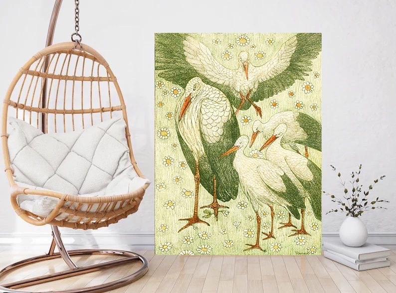 Tile Mural/Mosaic Ceramic Panel of Five Storks - Theo Van Hoytema - Bird Print - Stork Bird Print - Birds Print - Bird Art - Vintage Birds